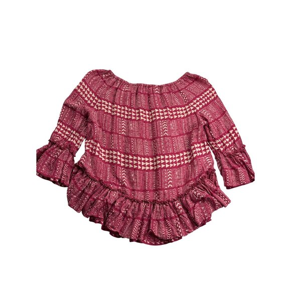 Lucky Brand Womens Off Shoulder Ruffle Peasant Top XS Red Cream Geometric - Picture 2 of 5